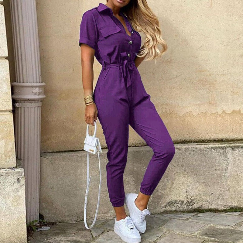 Image of Clara | Women's Belted Short Sleeve Jumpsuit