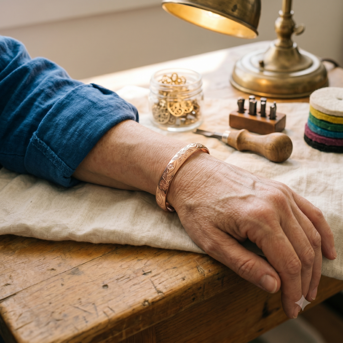 Floral copper cuff worn on wrist