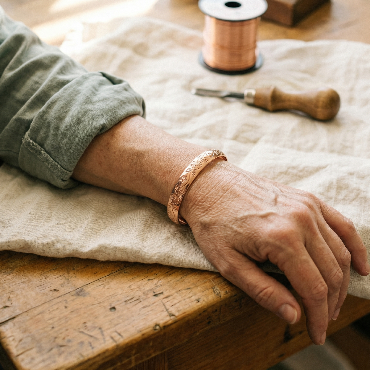 Floral copper cuff worn on wrist