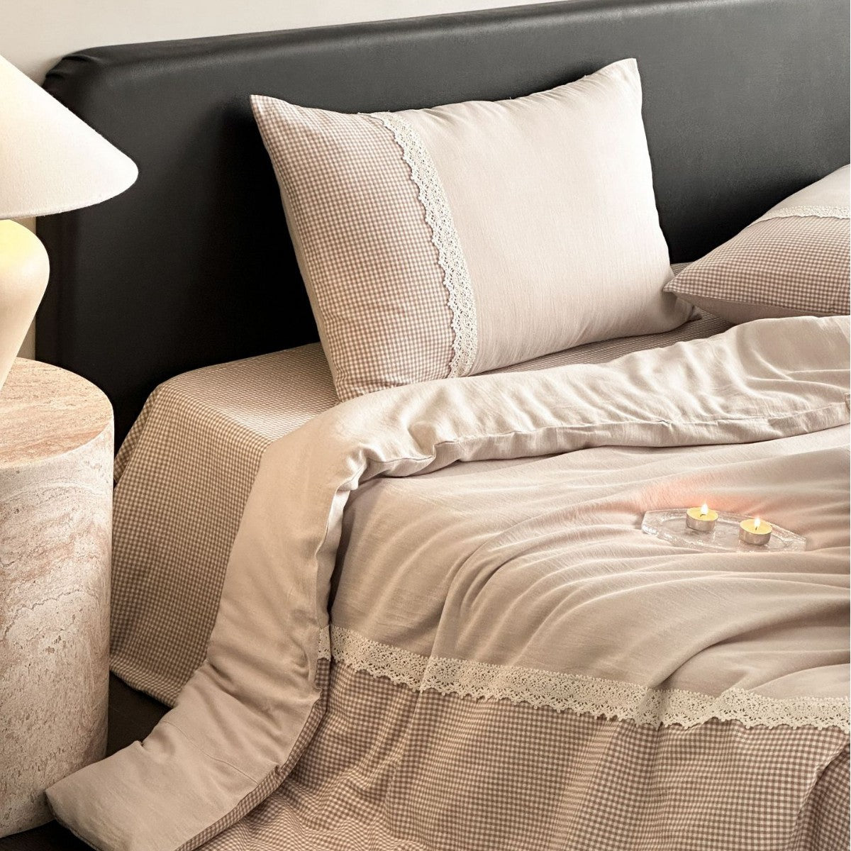 Cotton-Blend Bedding Set with Delicate Lace Trim and Fine Mini Check