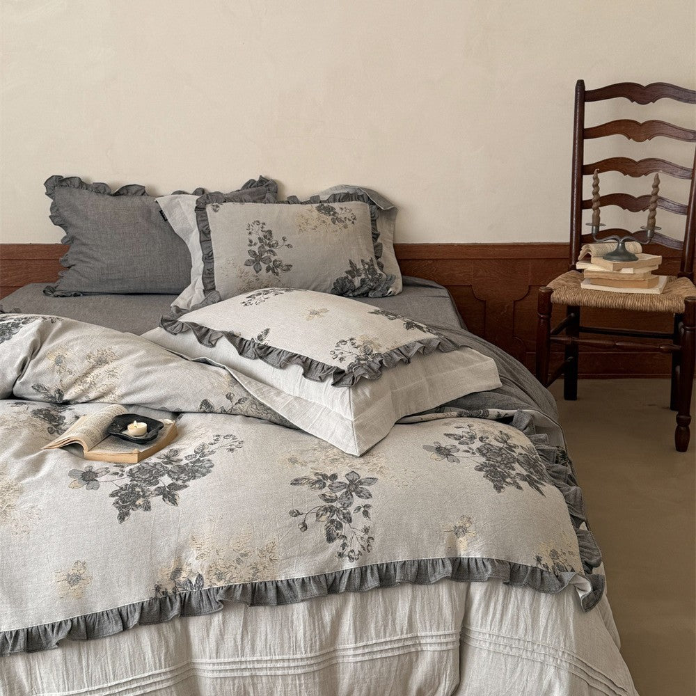 Cotton-Linen Bedding Set with Vintage Floral Print and Ruffled Trim