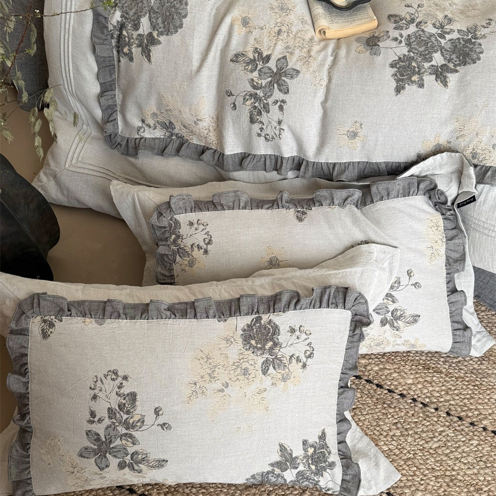 Cotton-Linen Bedding Set with Vintage Floral Print and Ruffled Trim