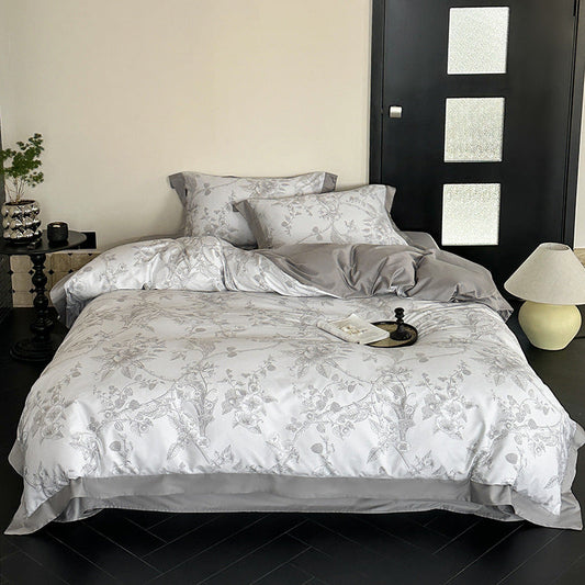 Cotton Sateen Bed Linen Set with Floral Jacquard Texture and Reversible Design