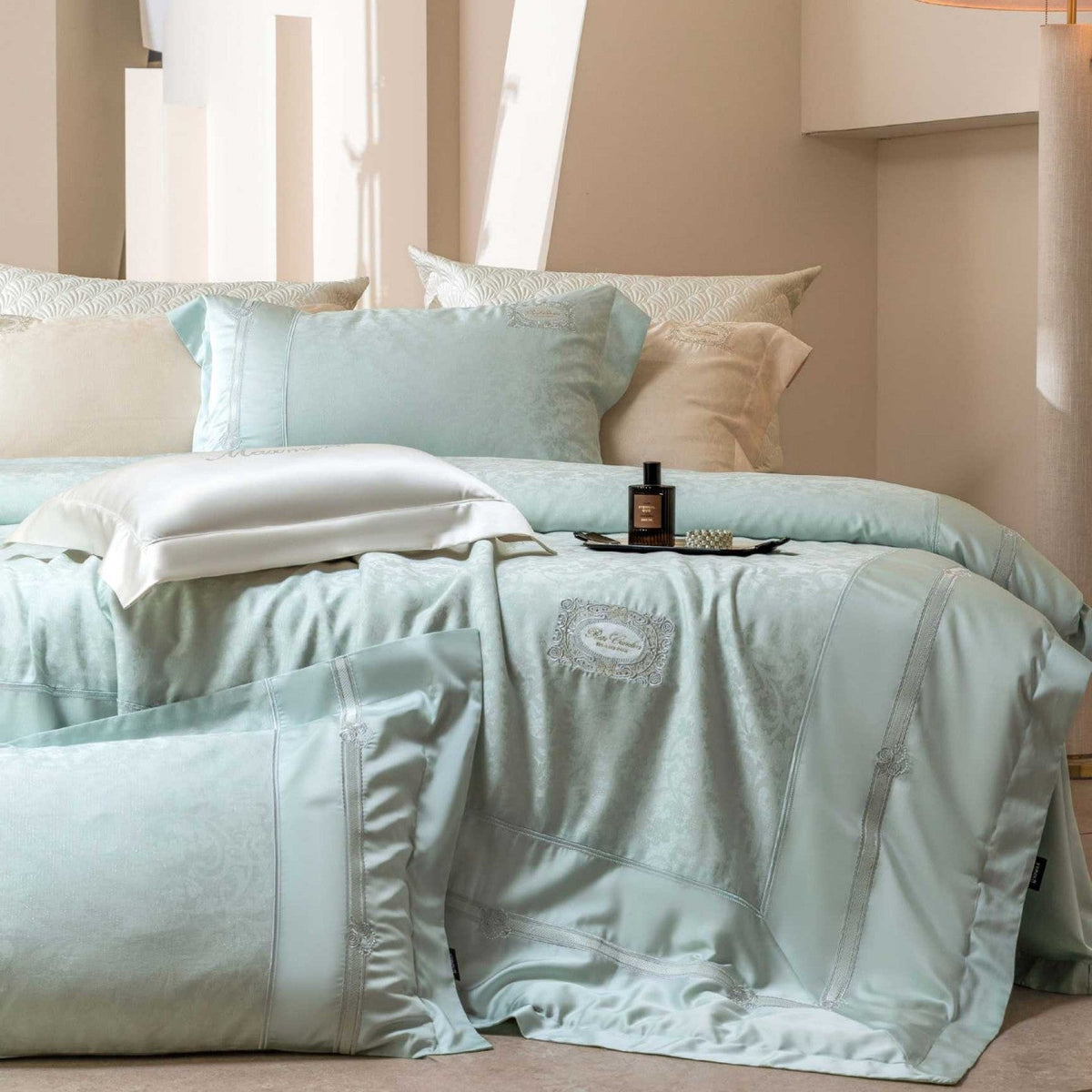 Cotton Sateen Bedding Set with Damask Jacquard, Satin Trim and Embroidered Medallion