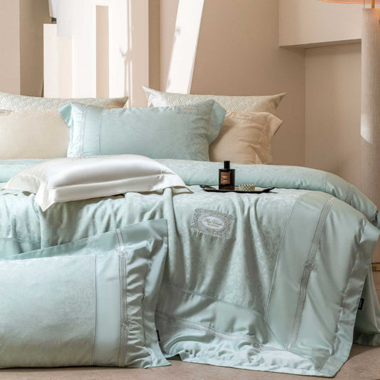 Cotton Sateen Bedding Set with Damask Jacquard, Satin Trim and Embroidered Medallion