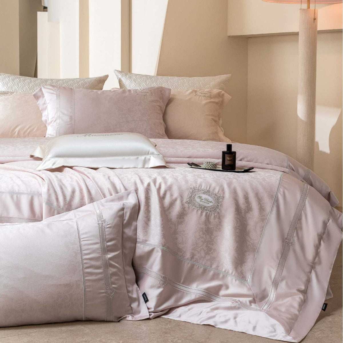 Cotton Sateen Bedding Set with Damask Jacquard, Satin Trim and Embroidered Medallion