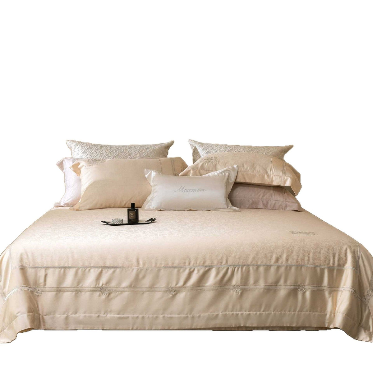 Cotton Sateen Bedding Set with Damask Jacquard, Satin Trim and Embroidered Medallion