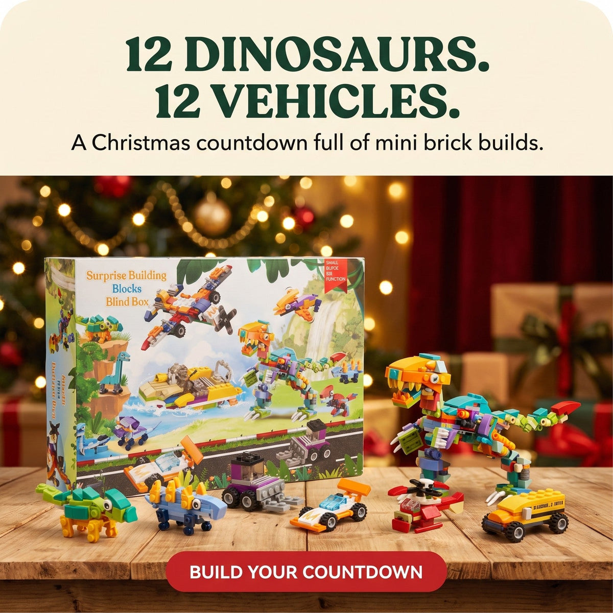 Dinosaur and Vehicle Brick Advent Calendar for Kids, 24 Builds with Big T. Rex