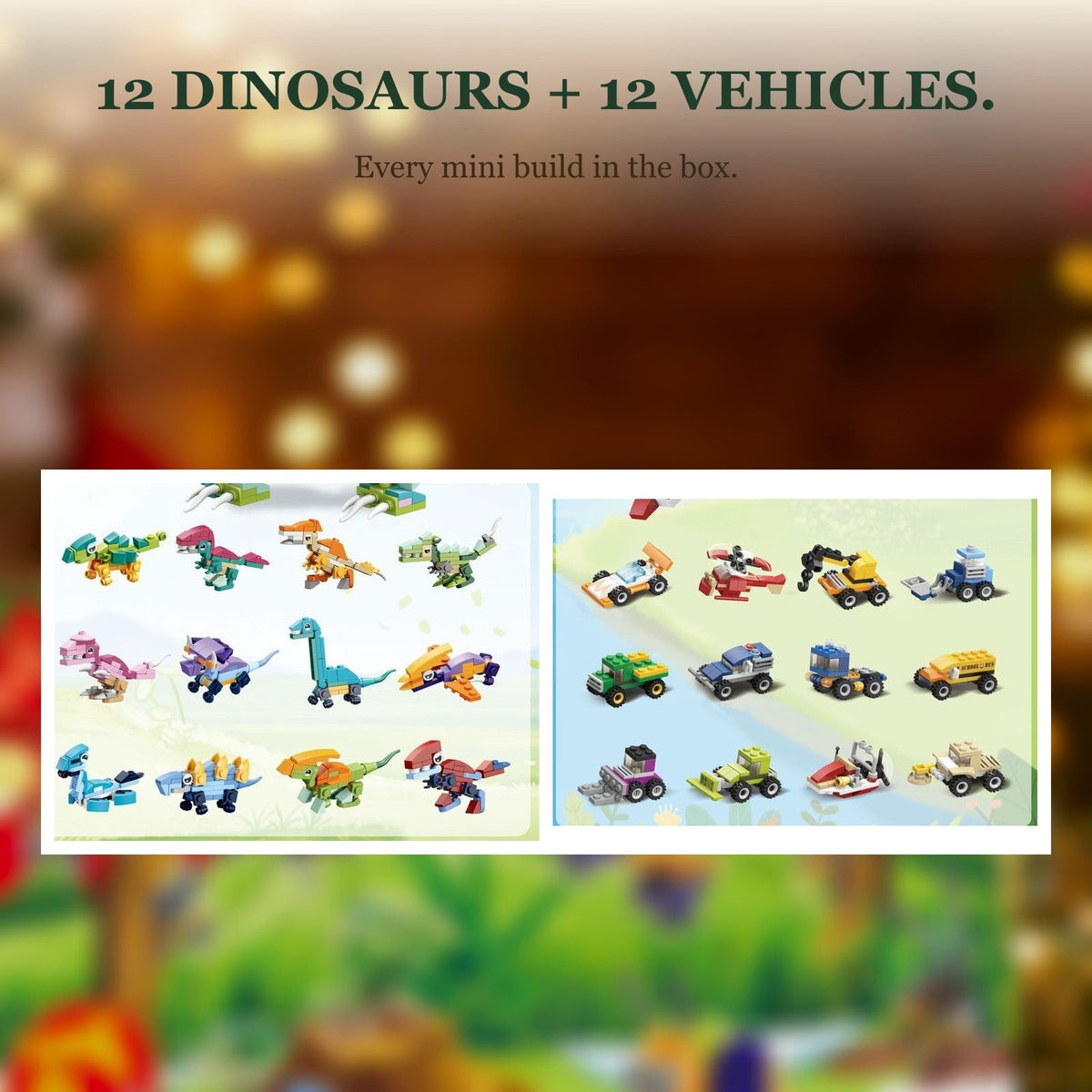 Dinosaur and Vehicle Brick Advent Calendar for Kids, 24 Builds with Big T. Rex