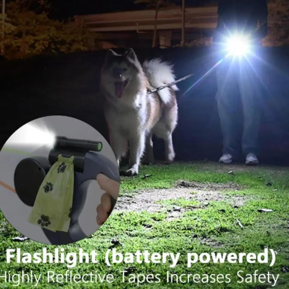 Double Dog Leash with Built-in LED Light and Dog Waste Bag Holder