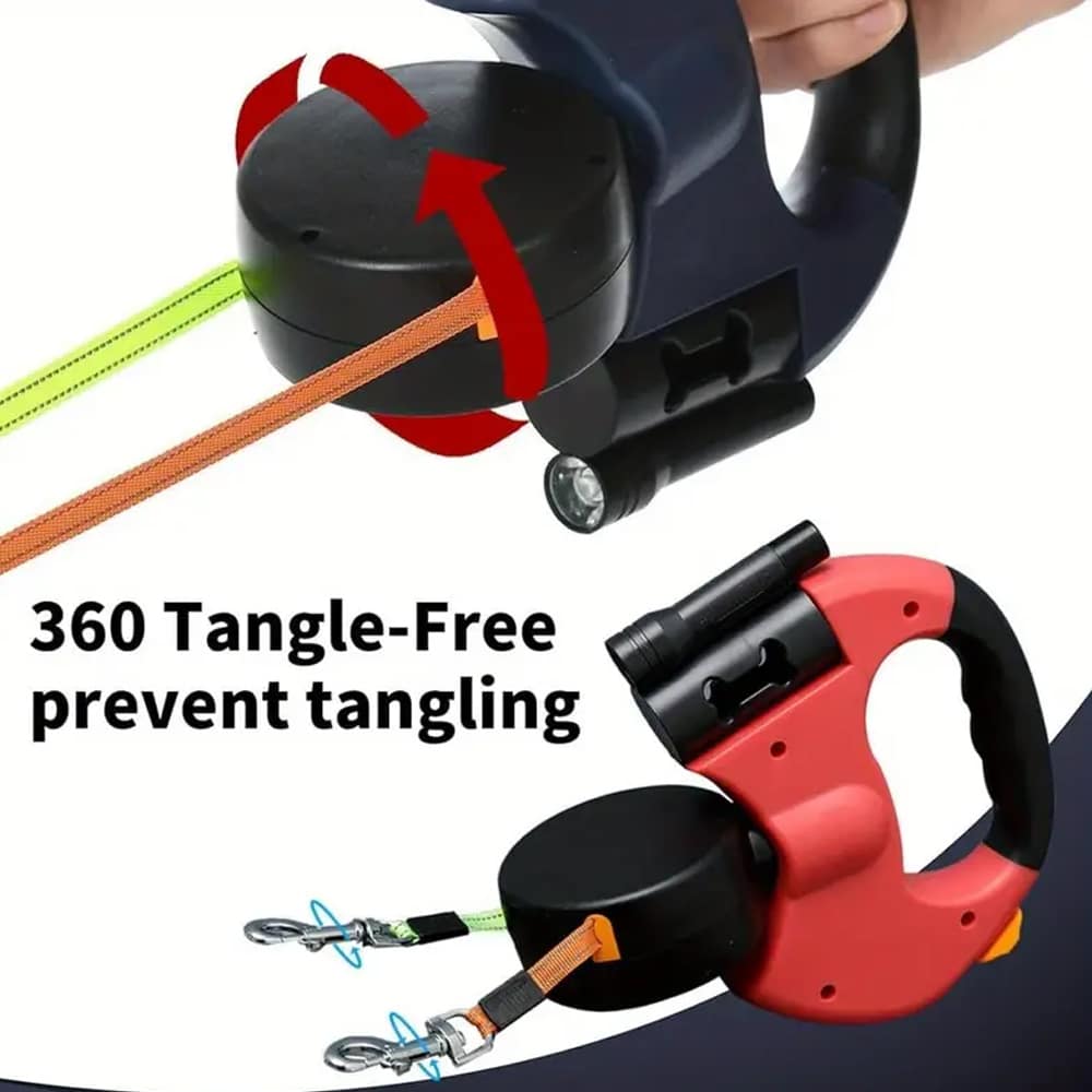 Double Dog Leash with Built-in LED Light and Dog Waste Bag Holder