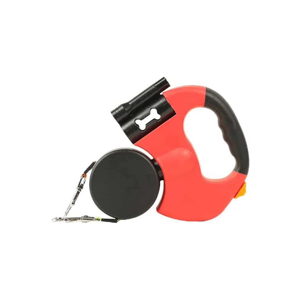 Double Dog Leash with Built-in LED Light and Dog Waste Bag Holder