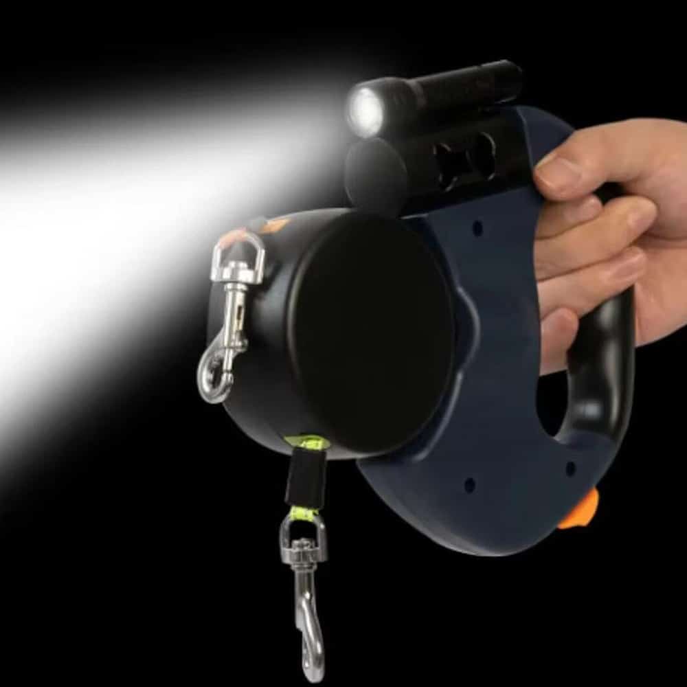 Double Dog Leash with Built-in LED Light and Dog Waste Bag Holder
