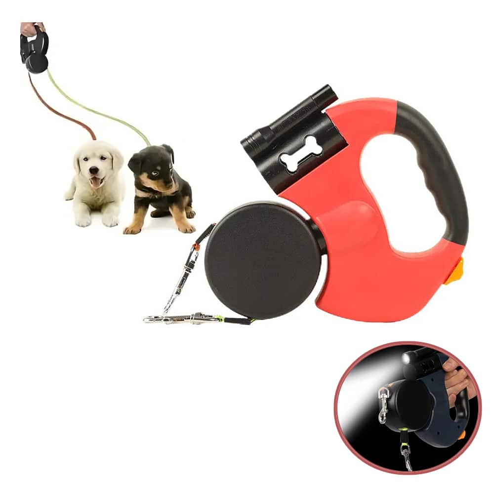 Double Dog Leash with Built-in LED Light and Dog Waste Bag Holder