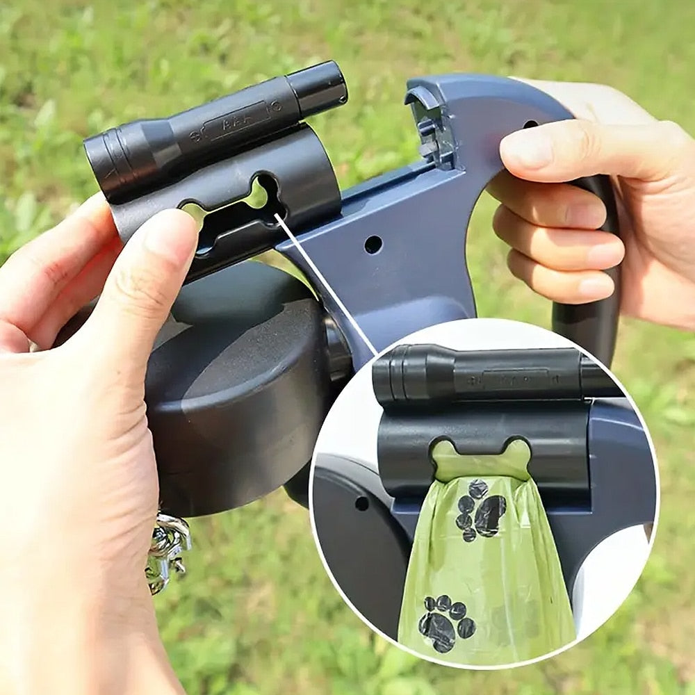Double Dog Leash with Built-in LED Light and Dog Waste Bag Holder