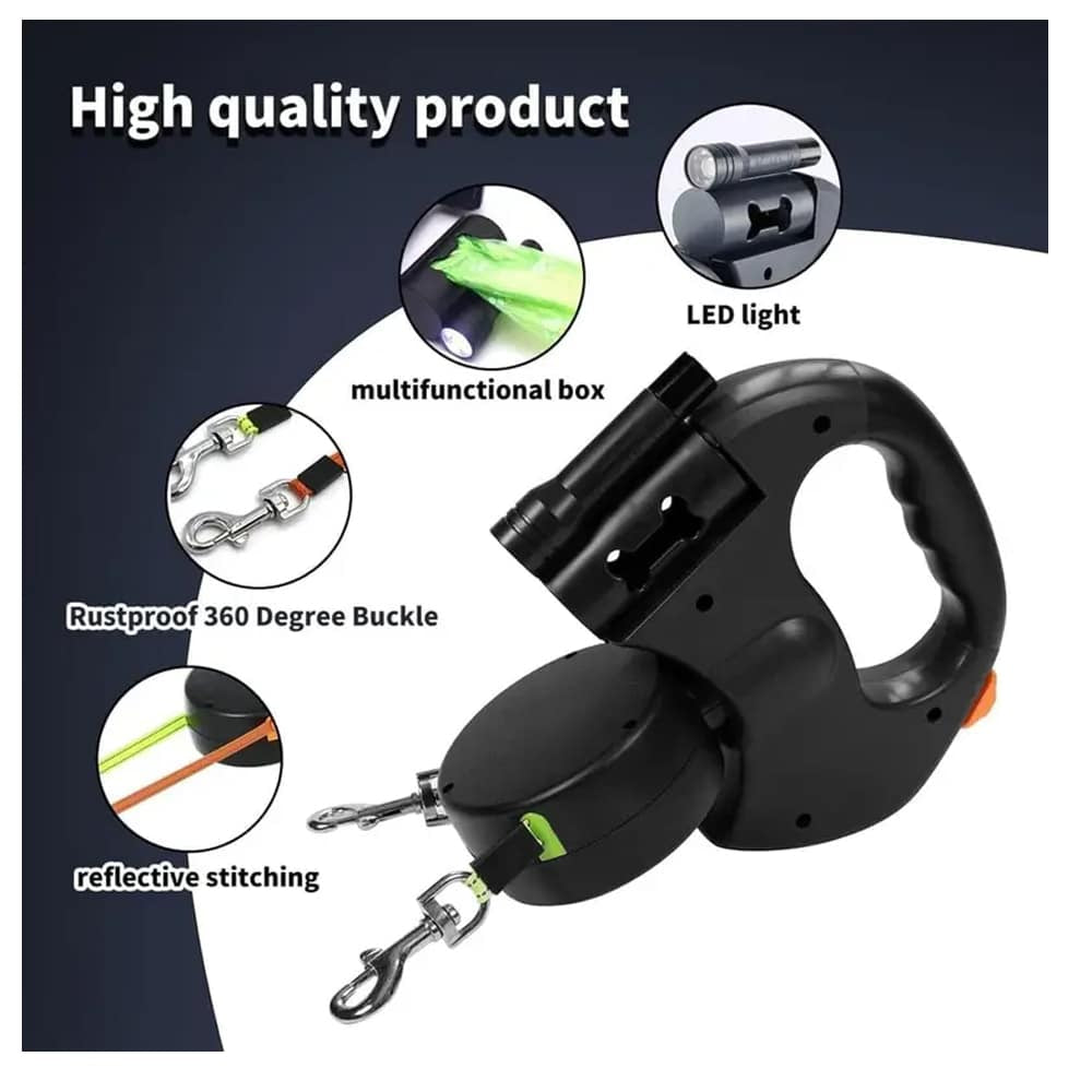 Double Dog Leash with Built-in LED Light and Dog Waste Bag Holder