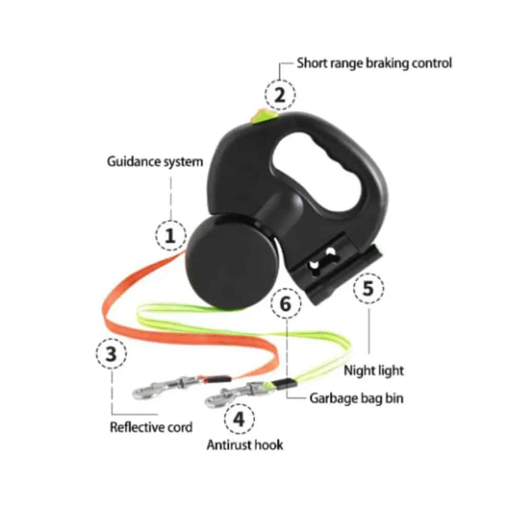 Double Dog Leash with Built-in LED Light and Dog Waste Bag Holder