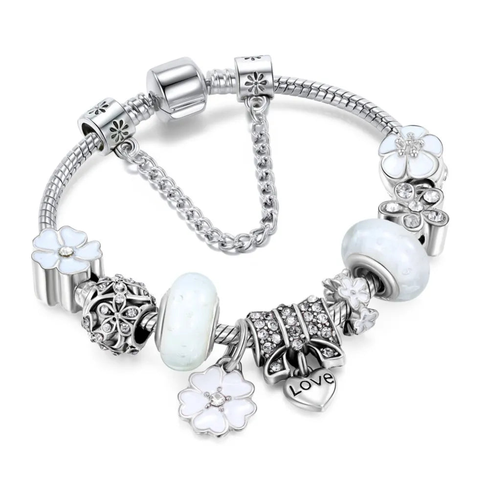 Elegant Floral Charm Bracelet in 925 Sterling Silver for Women - Nature-Inspired Design