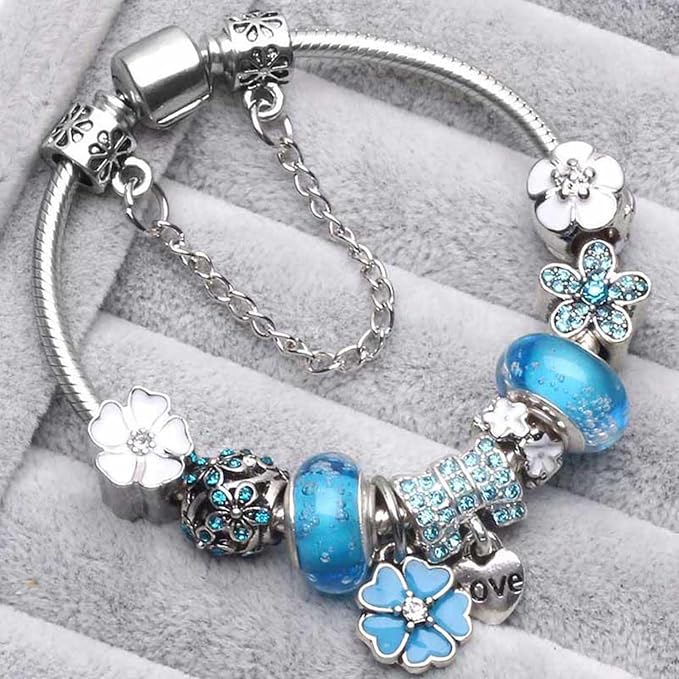 Elegant Floral Charm Bracelet in 925 Sterling Silver for Women - Nature-Inspired Design