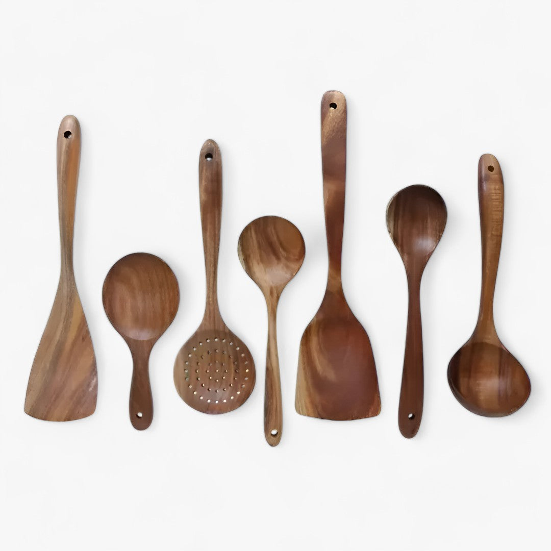 Elegant Teak Wooden Kitchen Utensil Set | 7-Piece Natural Luxury
