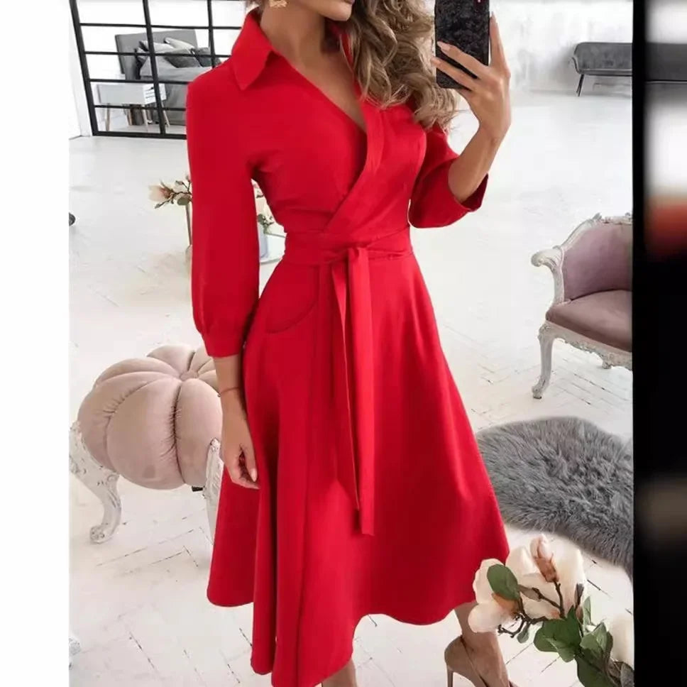 Image of Elizabeth | Women's Tie Waist A-Line Midi Dress