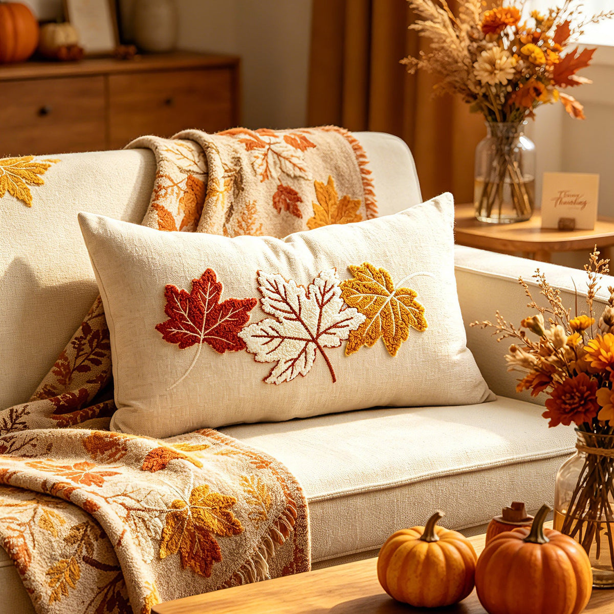 Embroidered Autumn Lumbar Cushion Cover