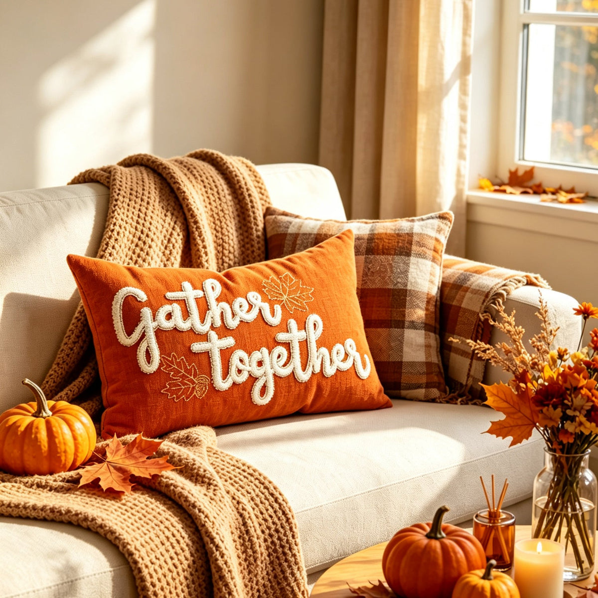Embroidered Autumn Lumbar Cushion Cover
