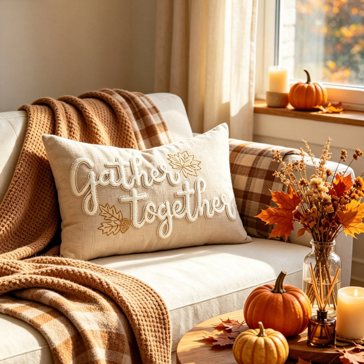 Embroidered Autumn Lumbar Cushion Cover