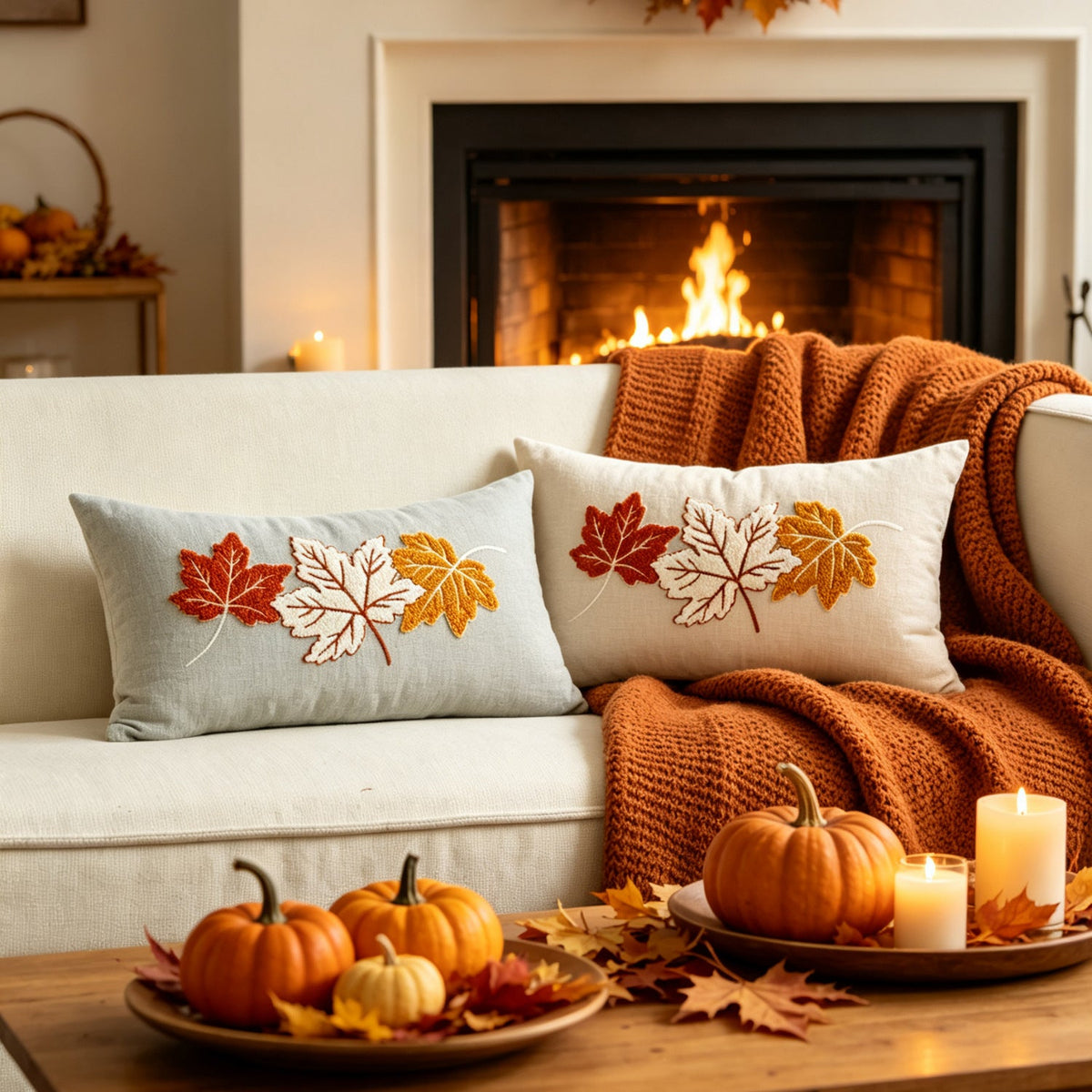 Embroidered Autumn Lumbar Cushion Cover