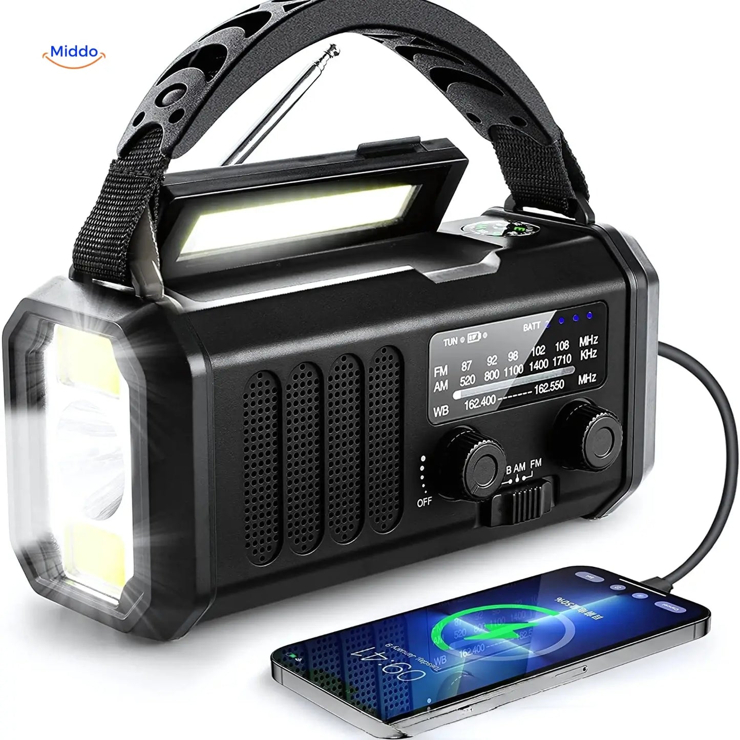 Emergency Radio, Flashlight, Reading Light, Compass, SOS & Solar Rechargeable – SolarPower™ Pro