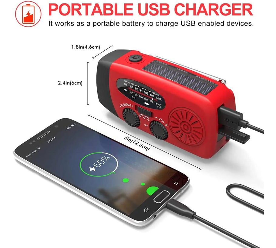 Emergency Radio FM/AM with Built-in Solar Panels, Flashlight, Power Bank & Hand Crank