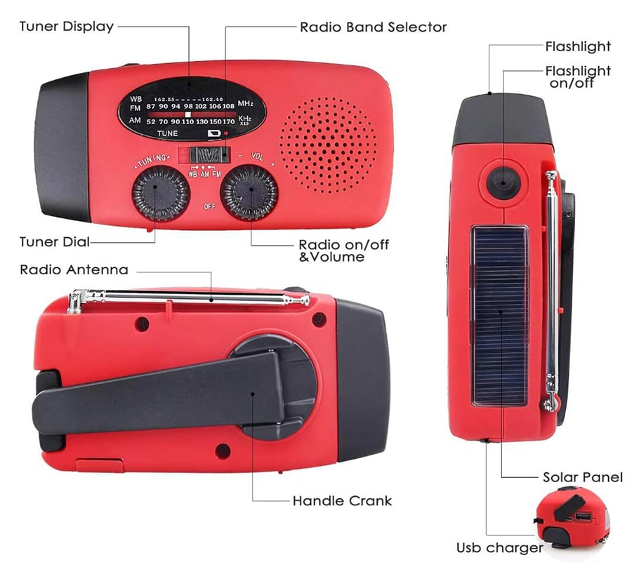 Emergency Radio FM/AM with Built-in Solar Panels, Flashlight, Power Bank & Hand Crank