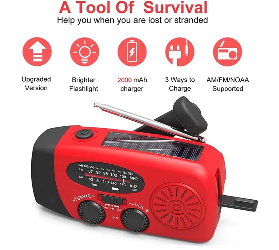 Emergency Radio FM/AM with Built-in Solar Panels, Flashlight, Power Bank & Hand Crank