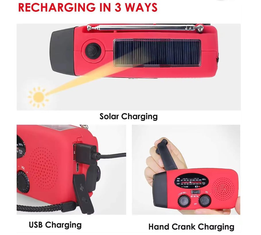 Emergency Radio FM/AM with Built-in Solar Panels, Flashlight, Power Bank & Hand Crank