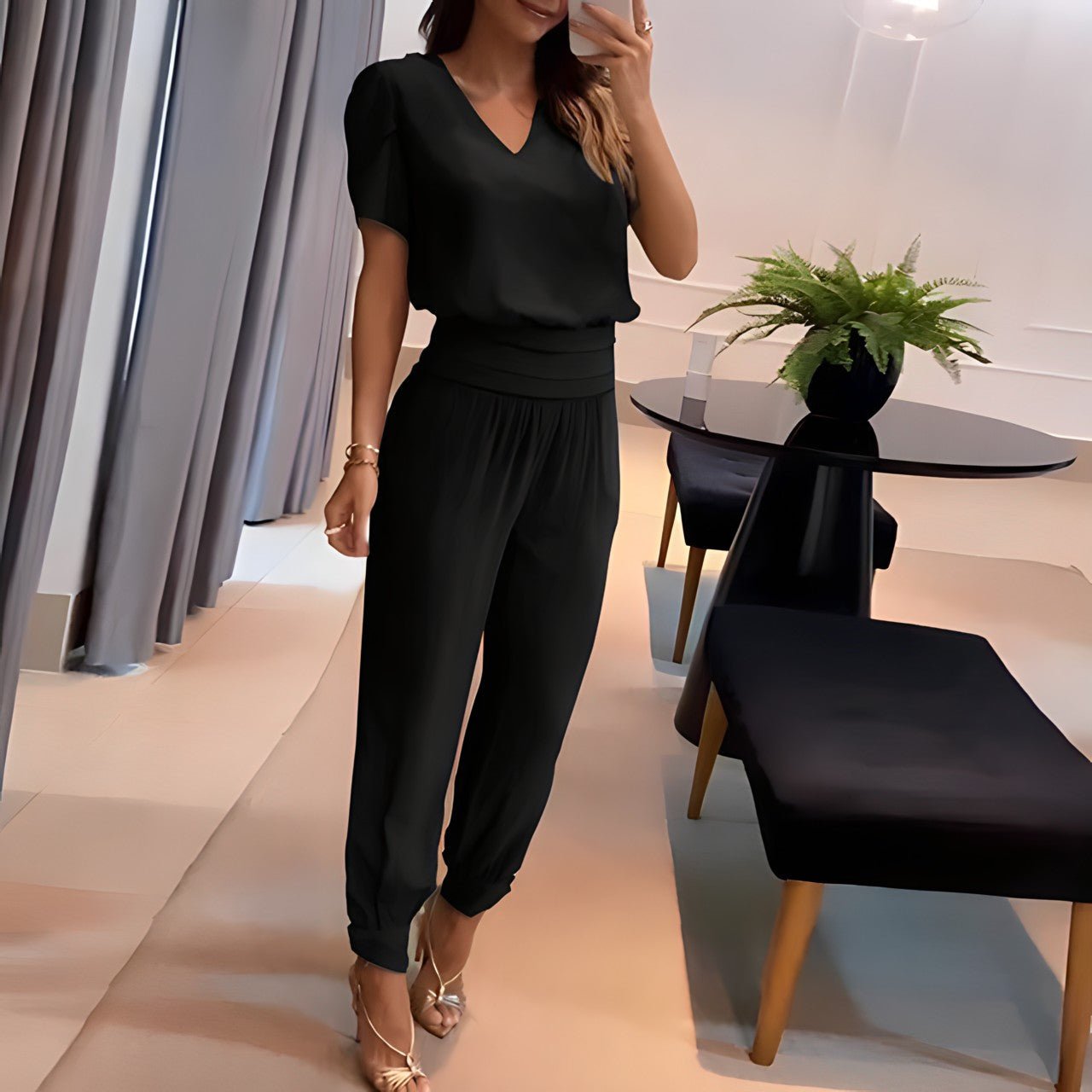 Image of Erin | Women's V-Neck Relaxed Fit Two-Piece Set