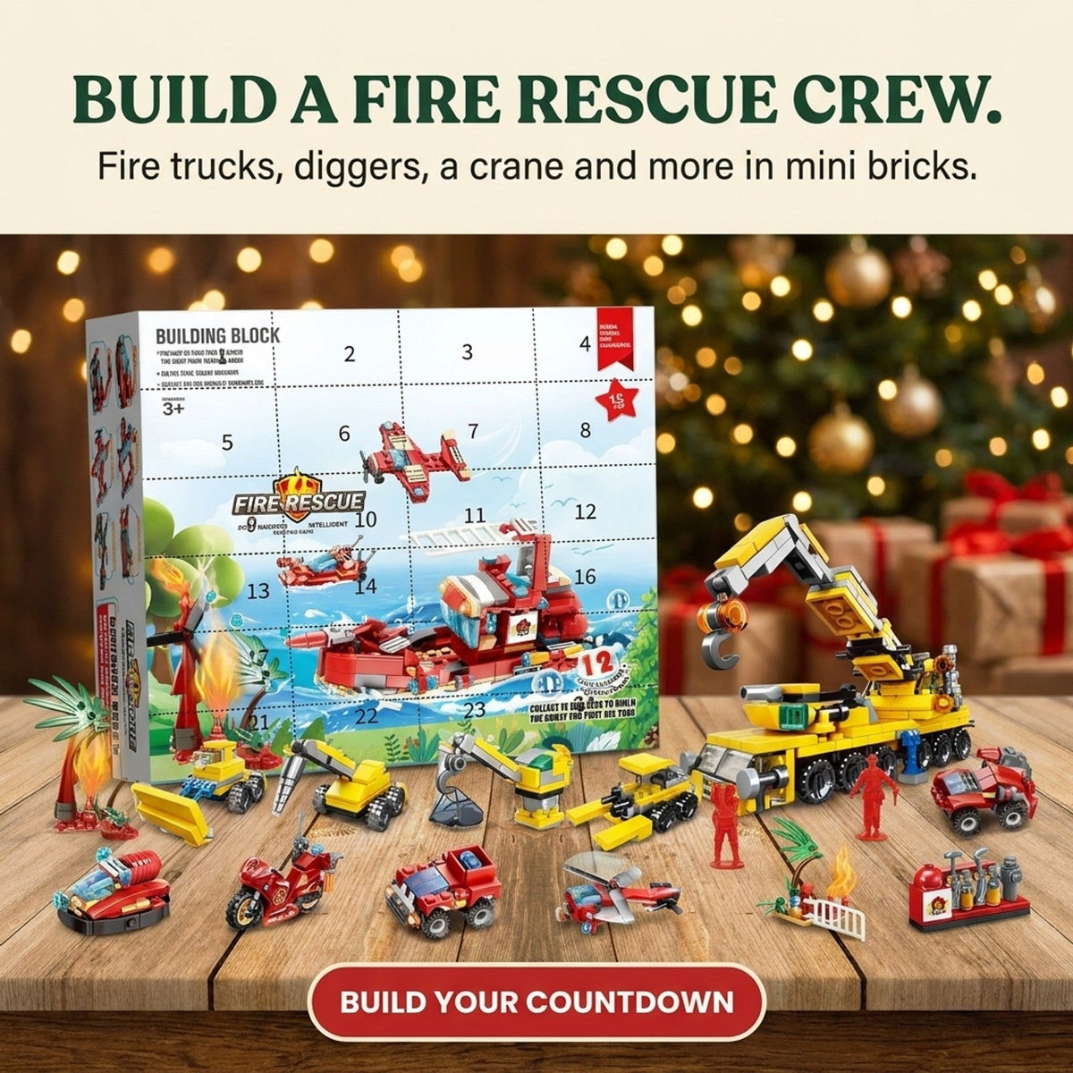 Fire Rescue and Construction Brick Advent Calendar, Mini Vehicles plus Big Builds