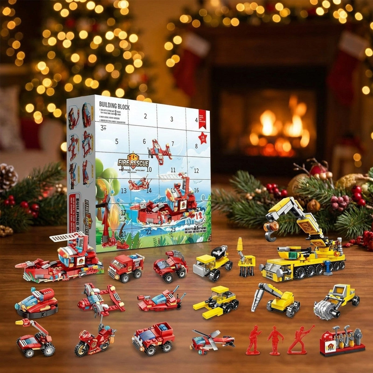 Fire Rescue and Construction Brick Advent Calendar, Mini Vehicles plus Big Builds