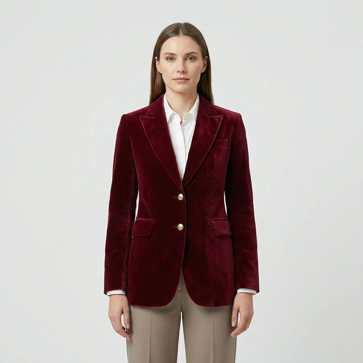 Fitted Velvet Blazer with Gold Buttons
