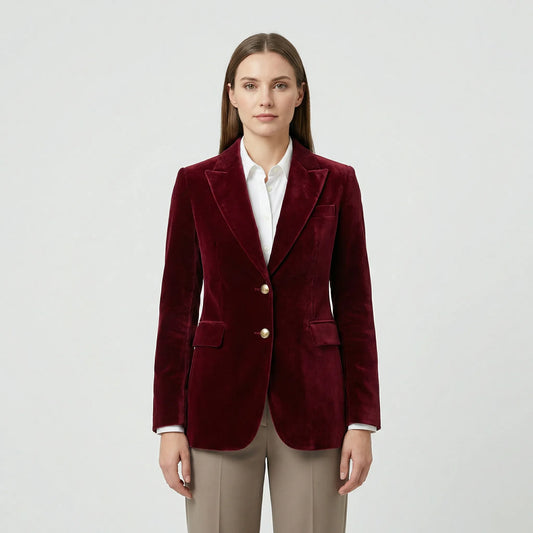 Fitted Velvet Blazer with Gold Buttons