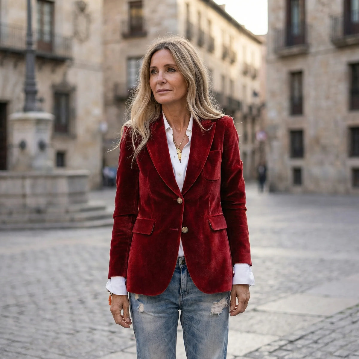 Fitted Velvet Blazer with Gold Buttons