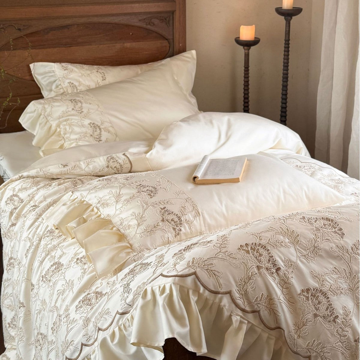 Floral Embroidered Quilt with Satin Ruffles and Decorative Piping