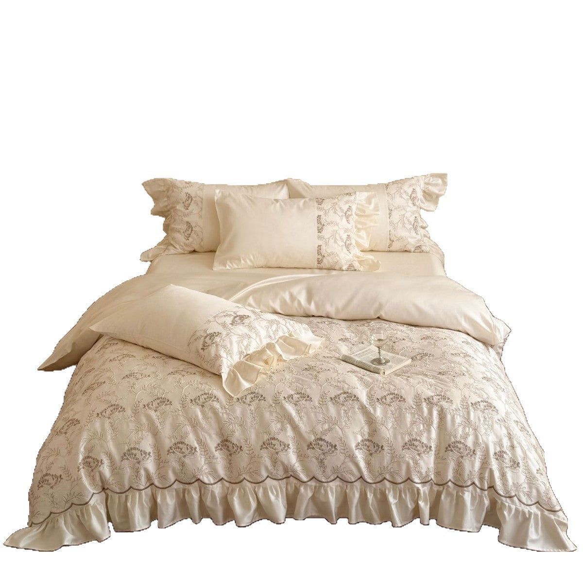 Floral Embroidered Quilt with Satin Ruffles and Decorative Piping