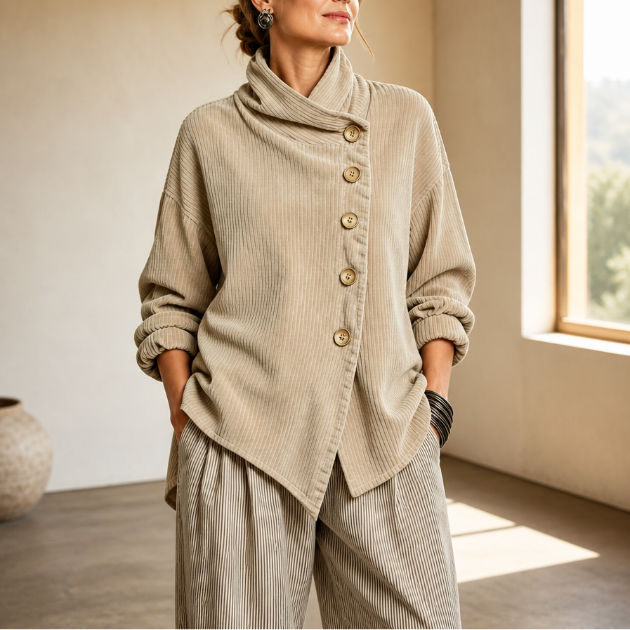 Funnel Collar Asymmetric Button Corduroy Top