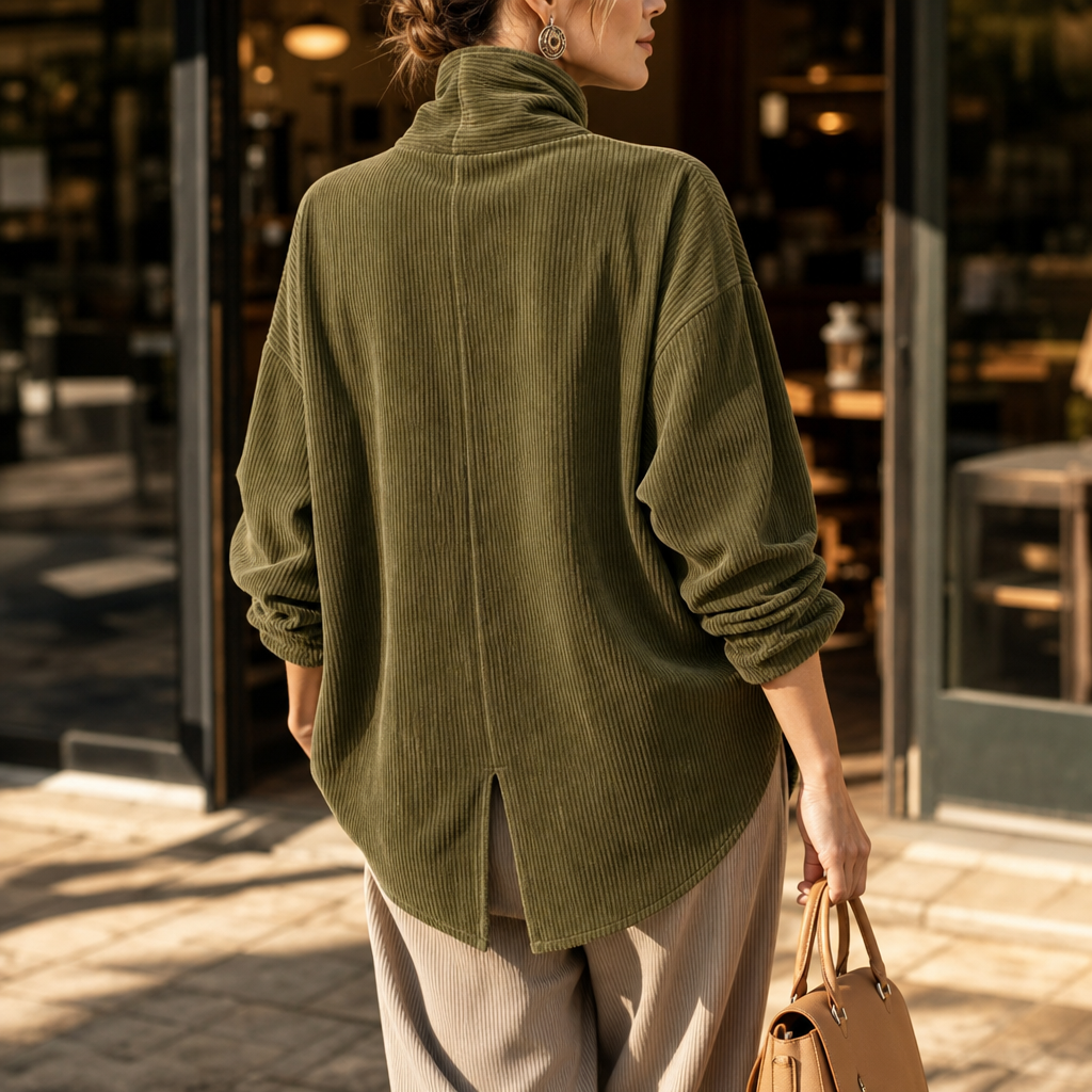 Funnel Collar Asymmetric Button Corduroy Top