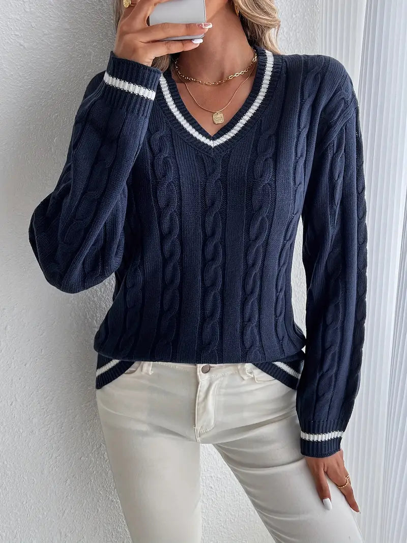 Image of Gale | Women's Cable Knit V-Neck Long Sleeve Sweater