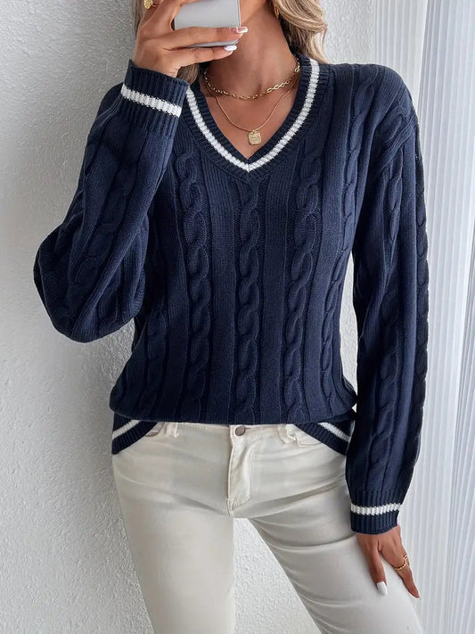 Image of Gale | Women's Cable Knit V-Neck Long Sleeve Sweater