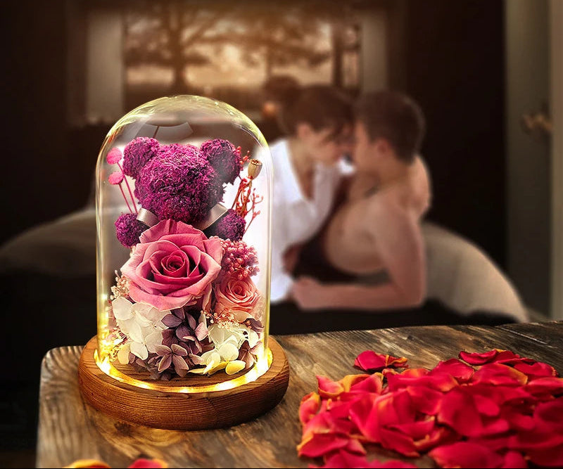 Gift Box with Eternally Preserved Rose and Plush Bear – Perfect Gift for Valentine's Day