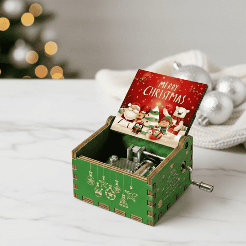 Hand-Wound Christmas Music Box — Cozy Melody, Traditional Holiday Motif
