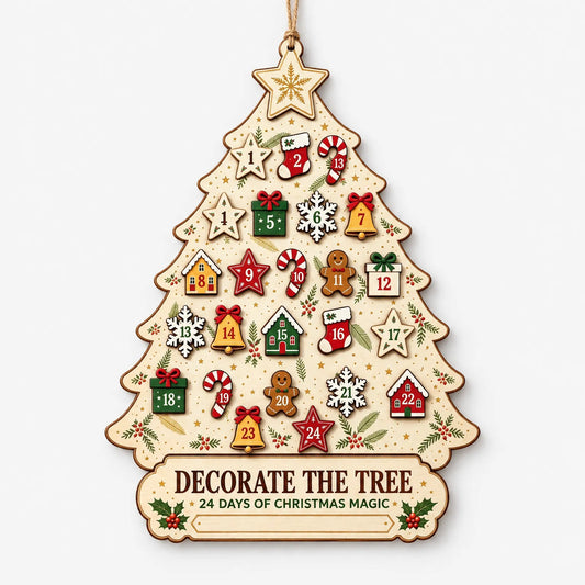 Hanging Wooden Advent Calendar – Reusable Tree-Shaped Wall Calendar with 24 Wooden Ornaments
