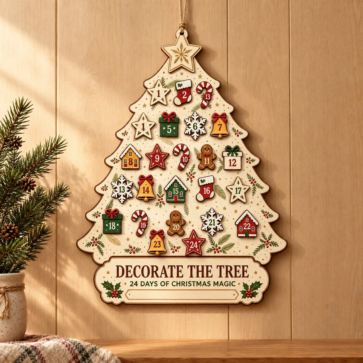 Hanging Wooden Advent Calendar – Reusable Tree-Shaped Wall Calendar with 24 Wooden Ornaments